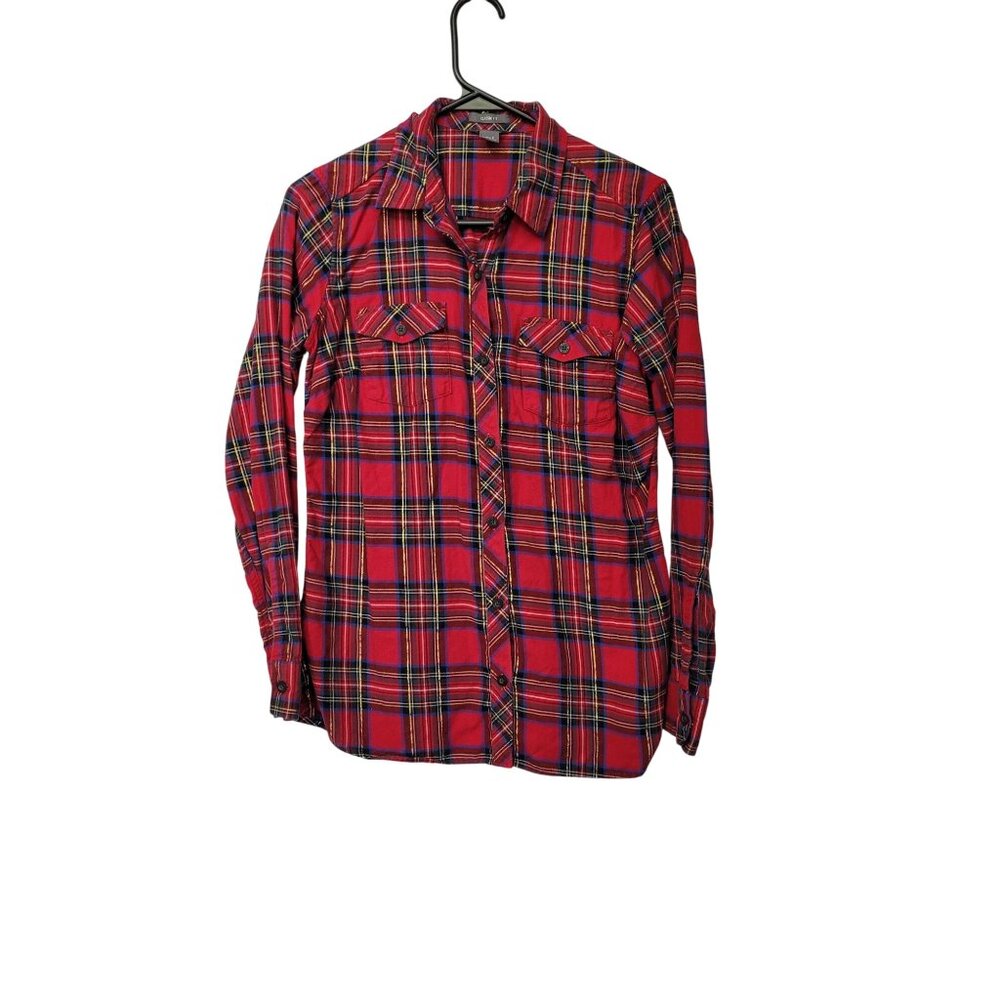 Eddie Bauer Womens Red Plaid Button-Down Shirt Classic Fit Small Cotton Metallic